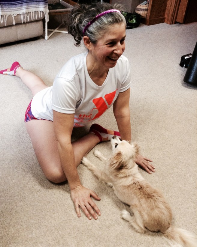 Chester practicing yoga with me